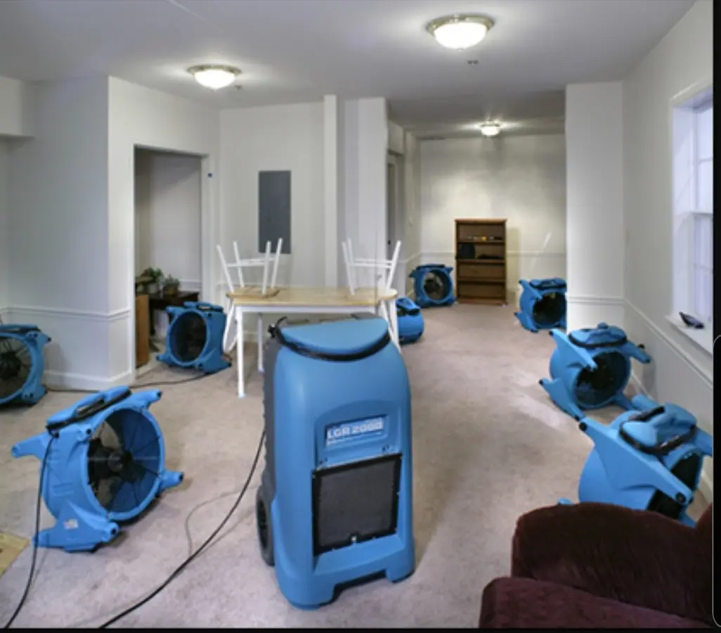 Air movers and dehumidifier setup for Water Damage Restoration in North Ridgeville
